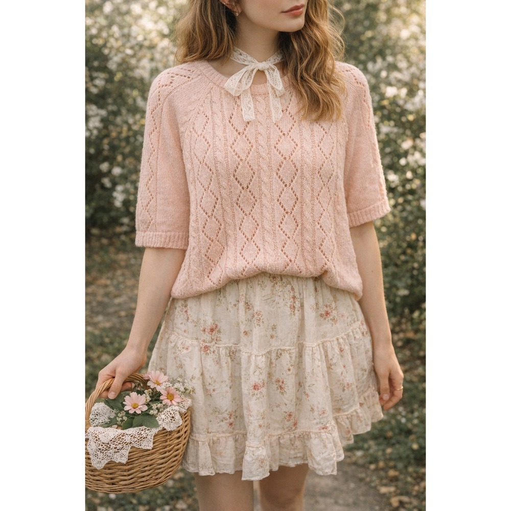 Vintage Cottage Silk Angora Blend Pink Pointelle Cable Knit‎ Sequin Sweater- M